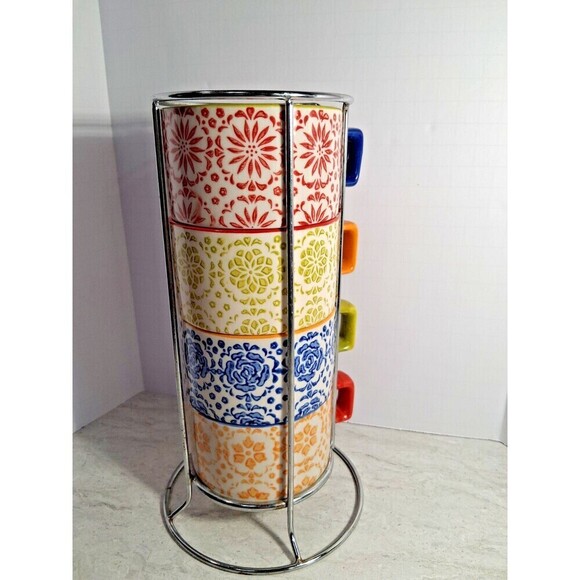Pier One Inports Hand Painted Stoneware Cup Set of 4 Stackable Cups with Stand. - Picture 3 of 6